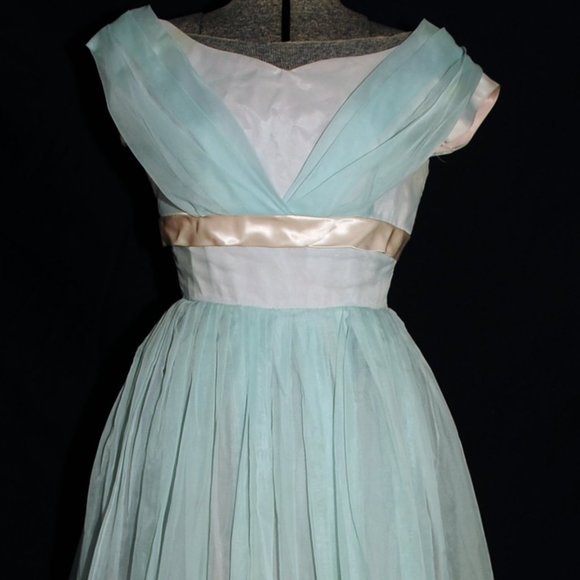 Vintage Dresses Vtg Pale Blue Chiffon Pink Satin Prom Dress Xxs